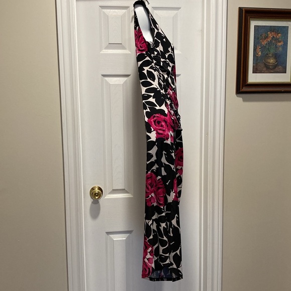 Precis Black Fuchsia White Cap Sleeve Ruched Boat Neck Midi Length Dress - Sz 10 - Picture 4 of 13